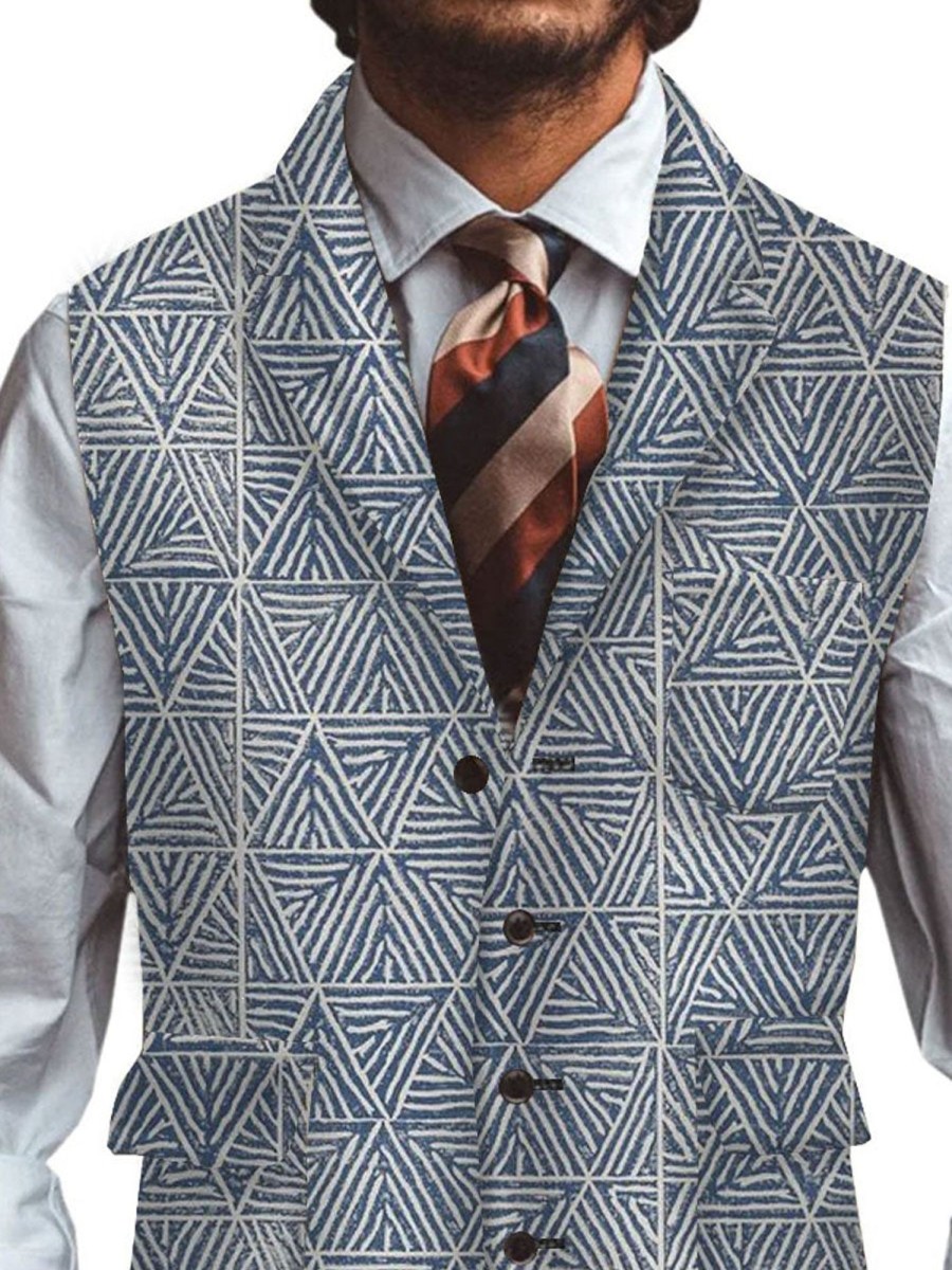 Men DJ Vest | Retro Line Geometric Print Three Pocket Lapel Casual Suit Vest Blue