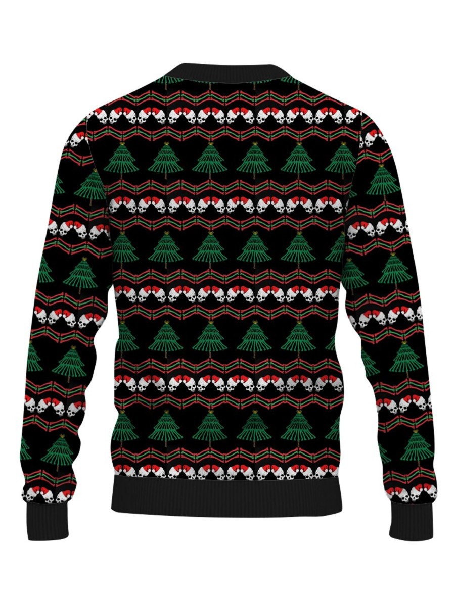 Men DJ Ugly Sweater | Vintage Christmas Skull Print Casual Crew Neck Sweatshirt Photo Color