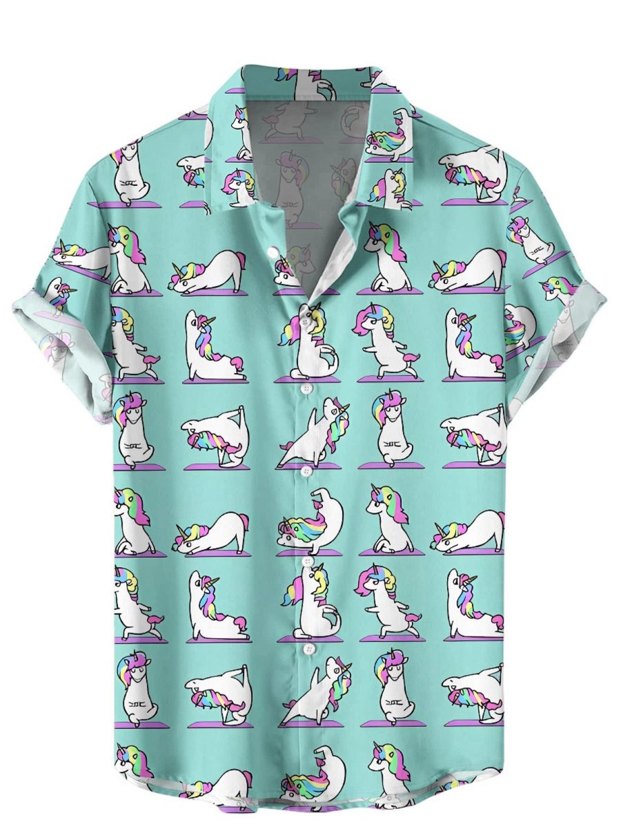 Men HWT Shirts | Men'S Hawaiian Shirts Unicorns Yoga Print Short Sleeve Shirt Blue