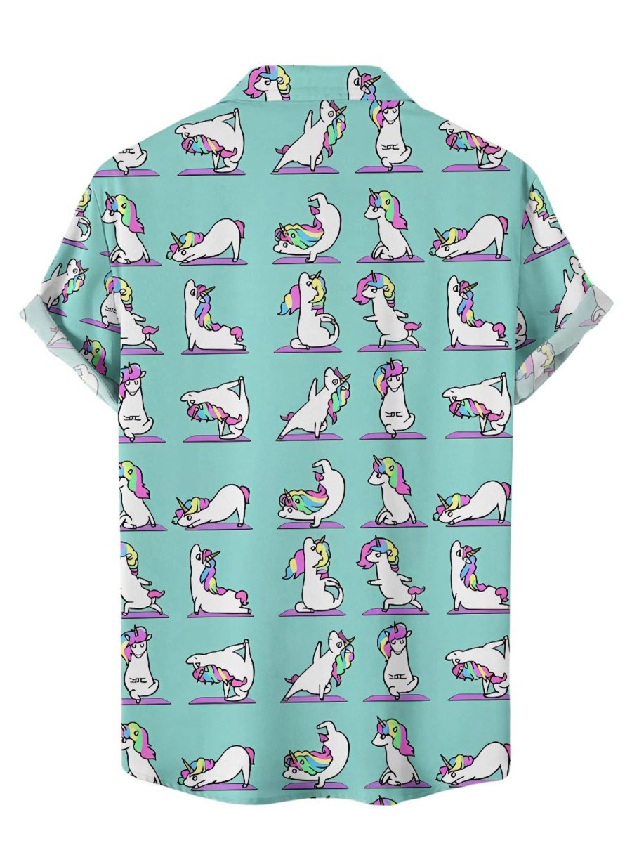 Men HWT Shirts | Men'S Hawaiian Shirts Unicorns Yoga Print Short Sleeve Shirt Blue