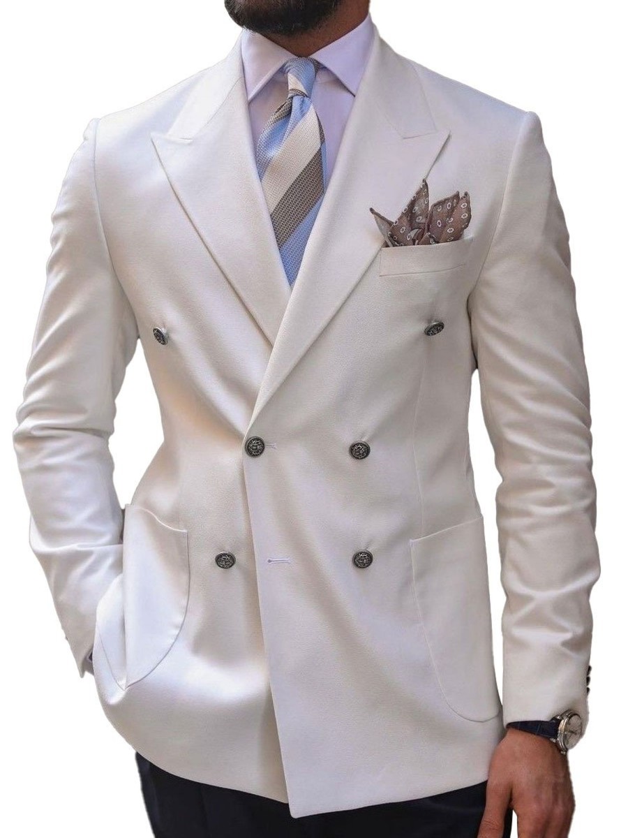 Men BXL Jacket | Men'S Retro Casual Double Breasted Solid Color Blazer White