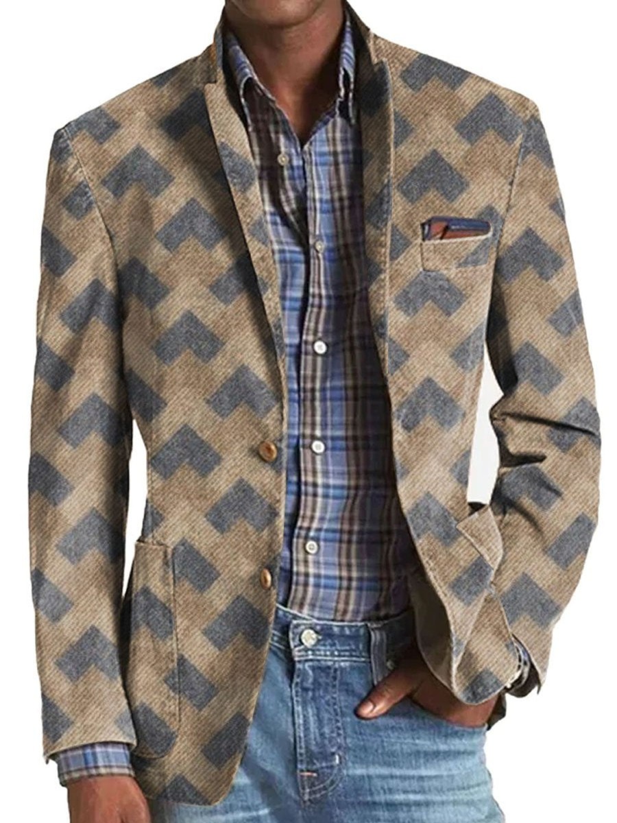 Men DJ Print Jacket | American Retro Geometric Print 3-Pocket Single-Breasted Casual Blazer Khaki