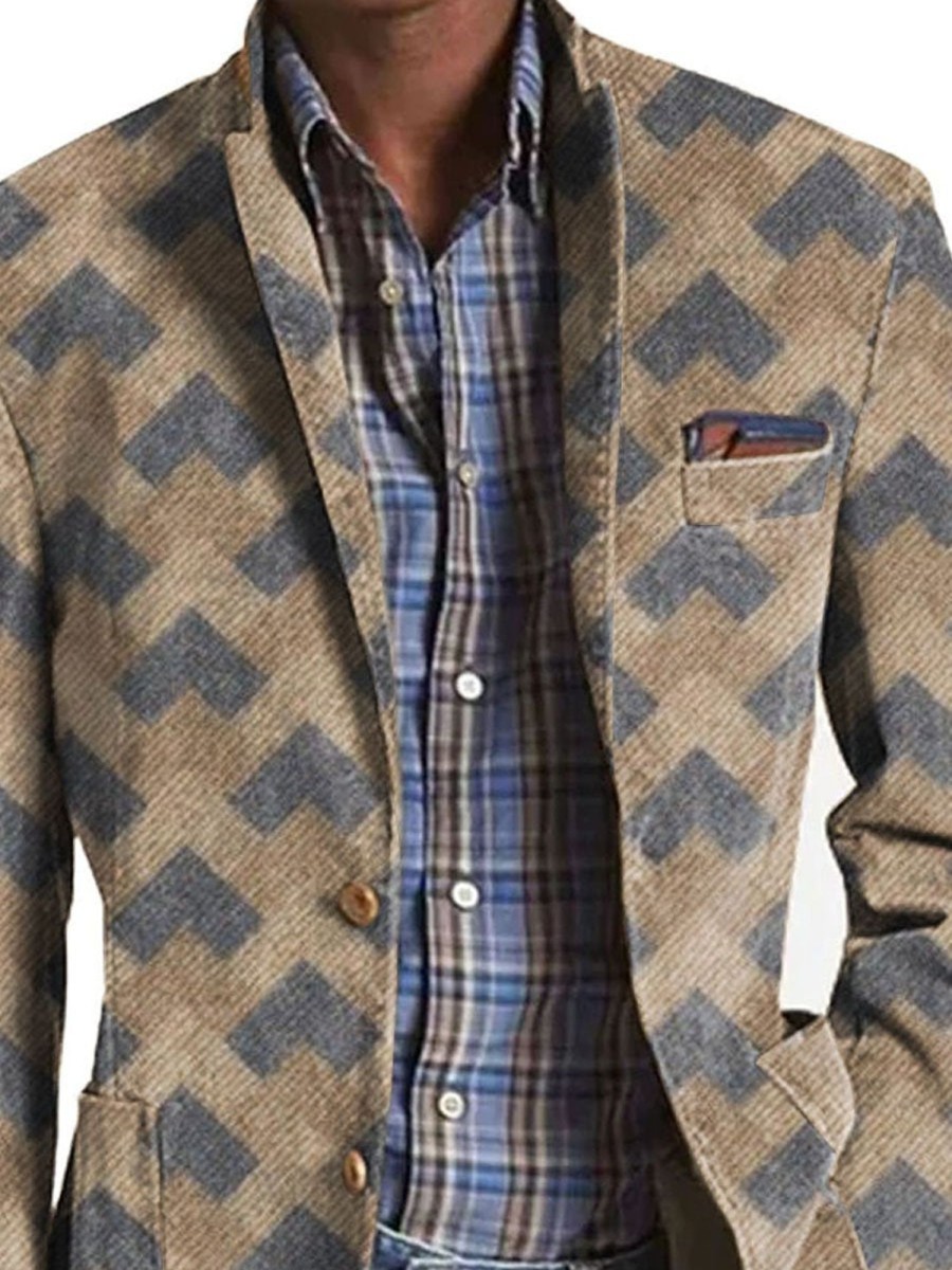 Men DJ Print Jacket | American Retro Geometric Print 3-Pocket Single-Breasted Casual Blazer Khaki