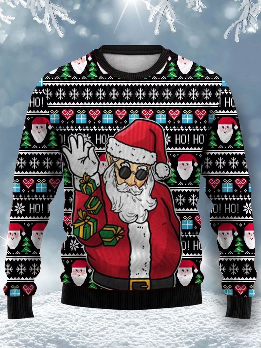 Men LJC Ugly Sweater | Santa Gift Print Crewneck Sweatshirt Black