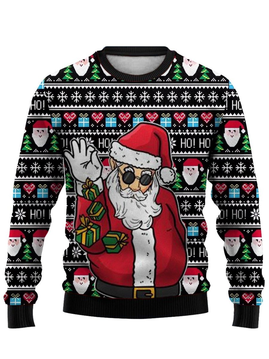 Men LJC Ugly Sweater | Santa Gift Print Crewneck Sweatshirt Black