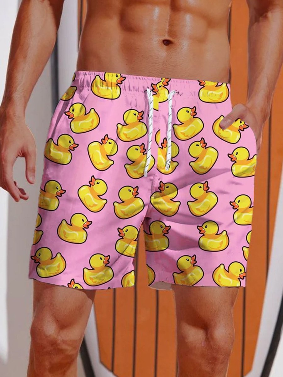 Men DJ Bottoms | Hawaiian Yellow Duck Printing Shorts Pink