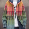 Men DJ Jacket | Vintage Color Triangle Print Pocket Fleece Hooded Jacket Photo Color