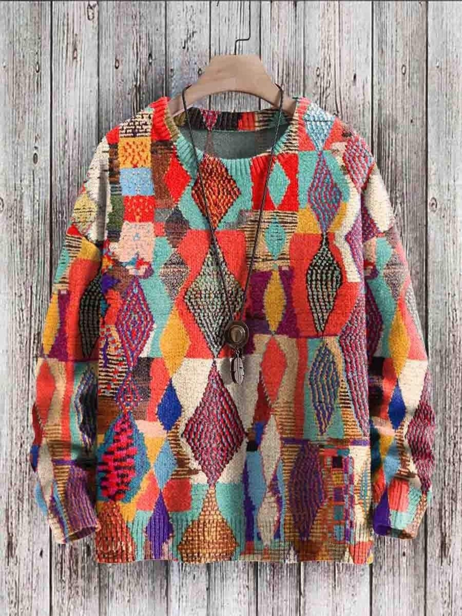 Men GYJ Print Sweater | Rhombus Multicolor Knit Pullover Sweater Photo Color