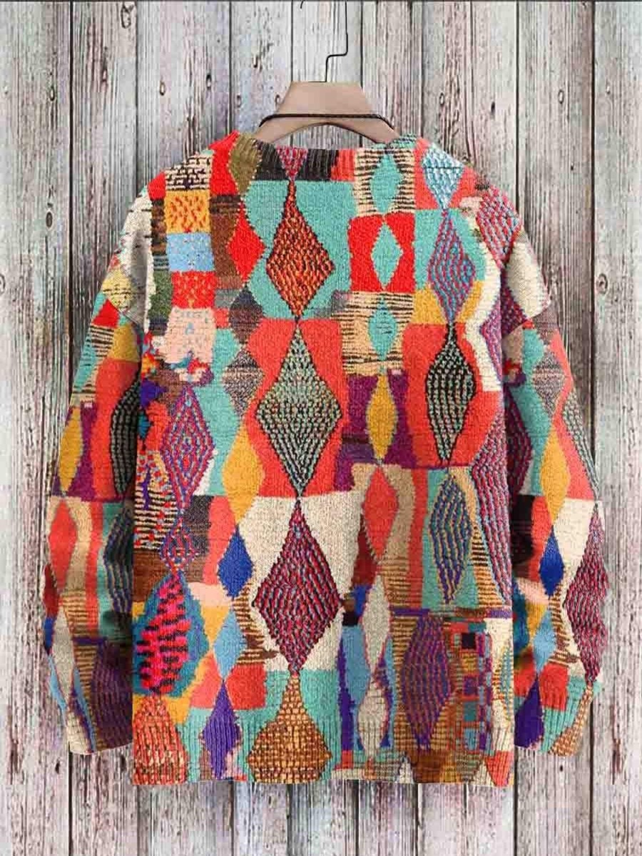 Men GYJ Print Sweater | Rhombus Multicolor Knit Pullover Sweater Photo Color