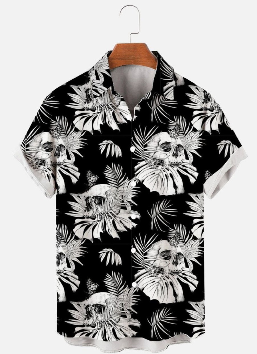 Men findercube Shirts | Men'S Skull Leaf Print Short Sleeve Shirt Black