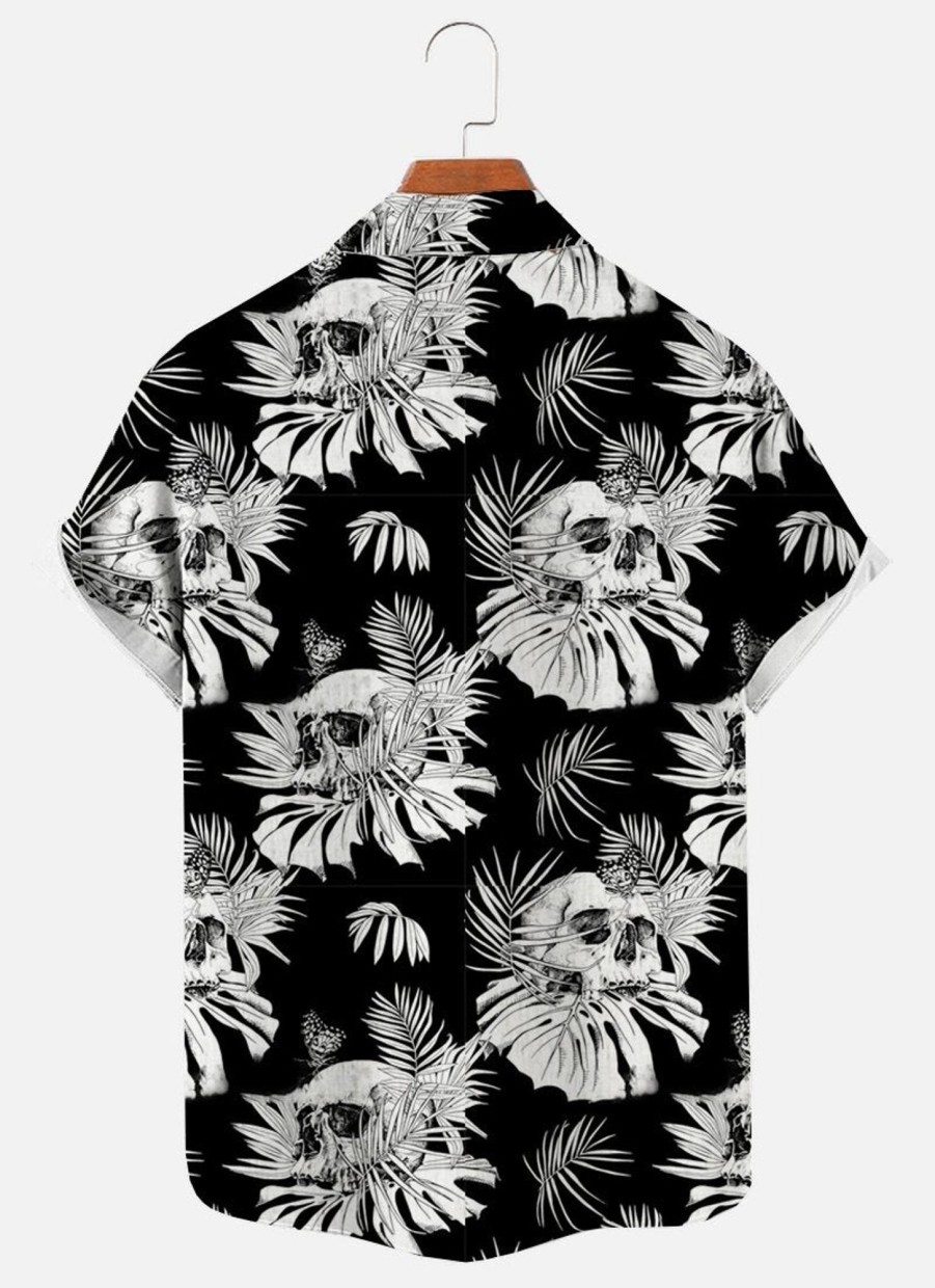 Men findercube Shirts | Men'S Skull Leaf Print Short Sleeve Shirt Black