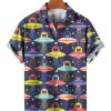 Men HWT Shirts | Men'S Hawaiian Shirts Space Et Cats Print Chest Pocket Short Sleeve Shirt Navy