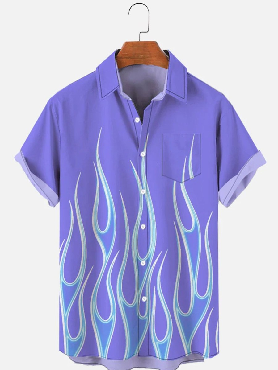 Men HLJ Shirts | Gradient Flame Print Chest Pocket Short Sleeve Shirt Purple