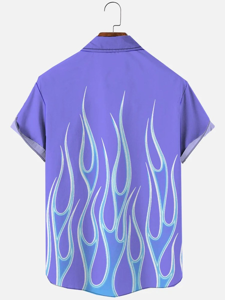 Men HLJ Shirts | Gradient Flame Print Chest Pocket Short Sleeve Shirt Purple