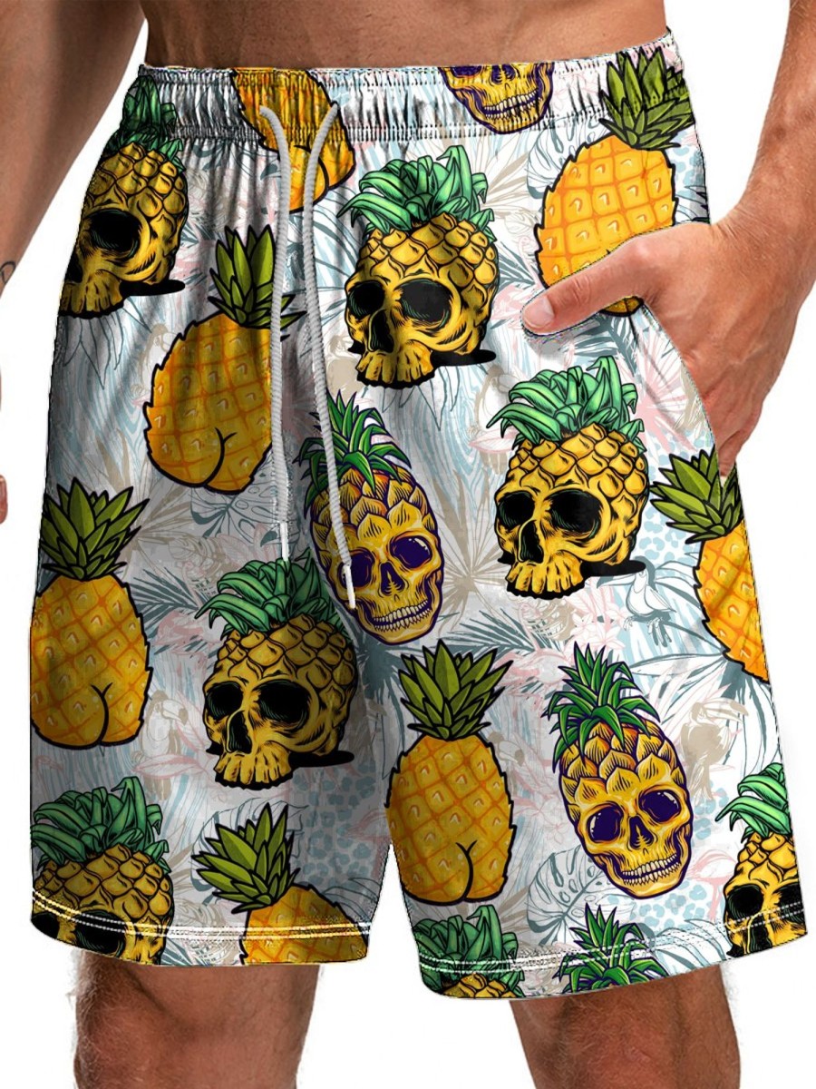 Men HLJ Bottoms | Hawaiian Breathable Pineapple Skull Beach Shorts White