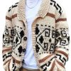 Men DJ Cardigan | Ethnic Retro Geometric Jacquard Lapel Knitted Cardigan Beige