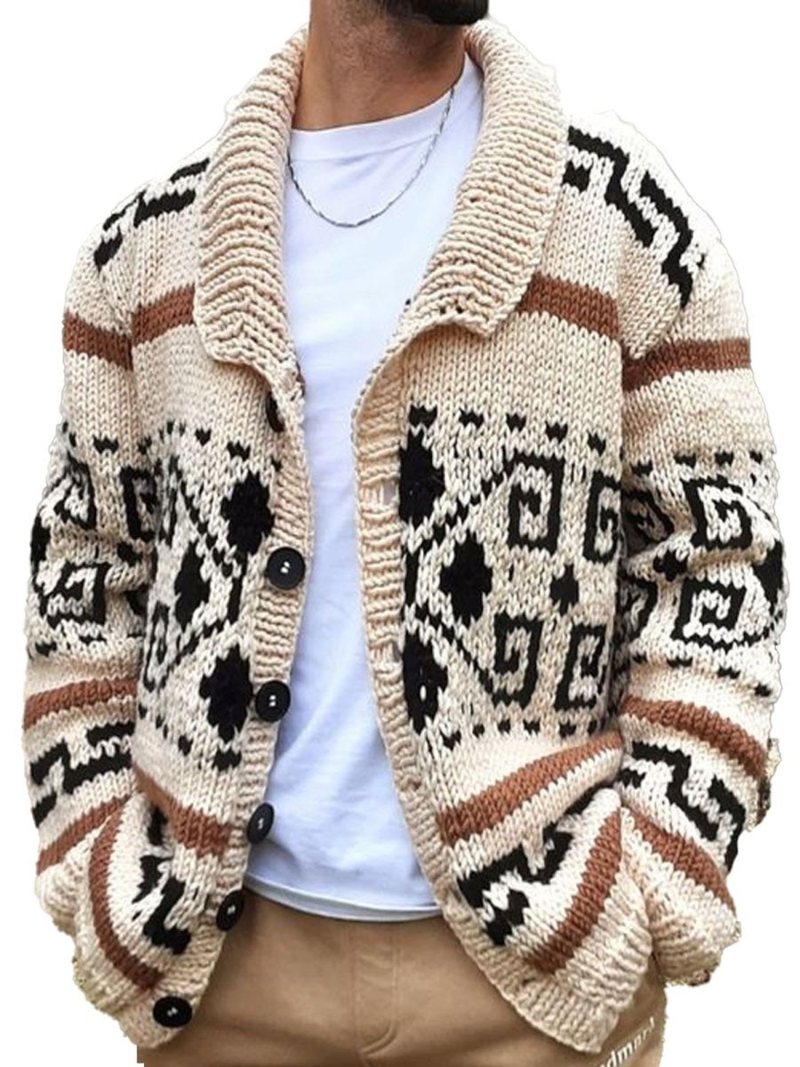 Men DJ Cardigan | Ethnic Retro Geometric Jacquard Lapel Knitted Cardigan Beige