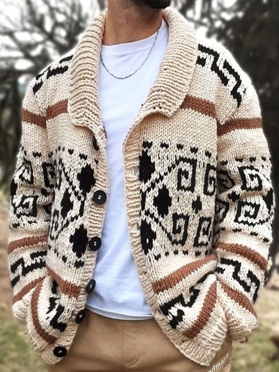 Men DJ Cardigan | Ethnic Retro Geometric Jacquard Lapel Knitted Cardigan Beige