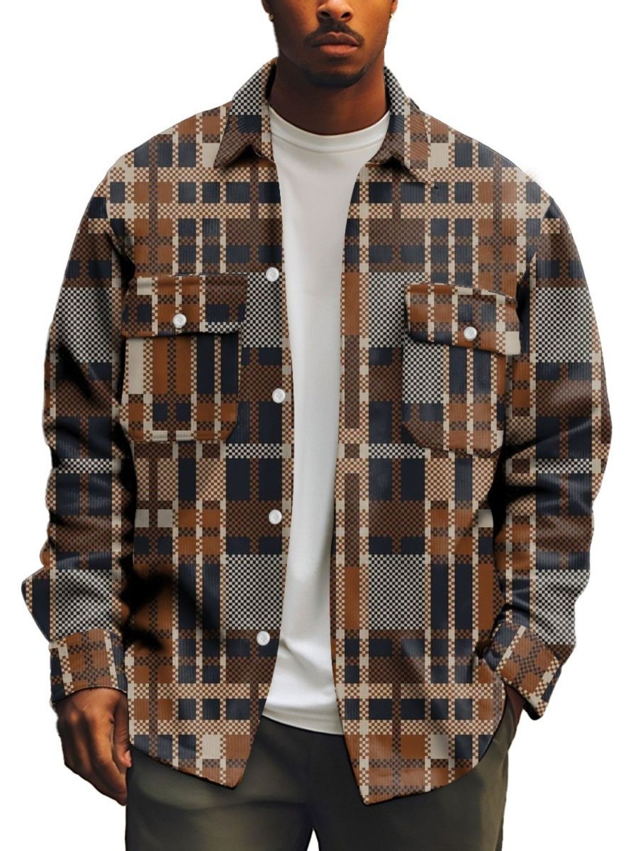 Men BXL Print Jacket | Men'S Corduroy Polka Dot Geometric Print Single-Breasted Shirt Jacket Brown