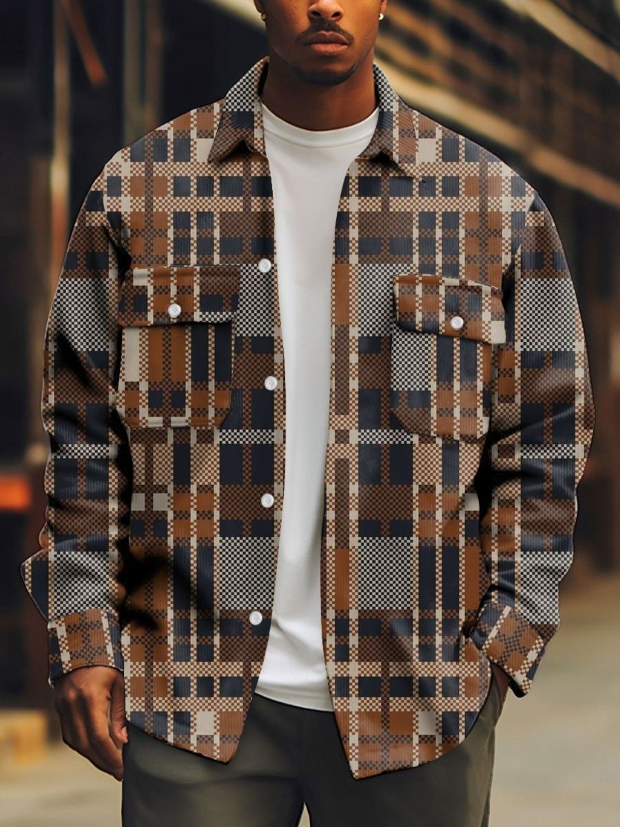 Men BXL Print Jacket | Men'S Corduroy Polka Dot Geometric Print Single-Breasted Shirt Jacket Brown