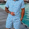 Men DJ Set | Men'S Geometric Print Pocket Shirt Shorts Two-Piece Set Blue