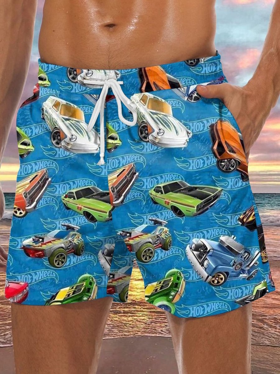 Men GYJ Bottoms | Car Print Hawaiian Track Shorts Blue