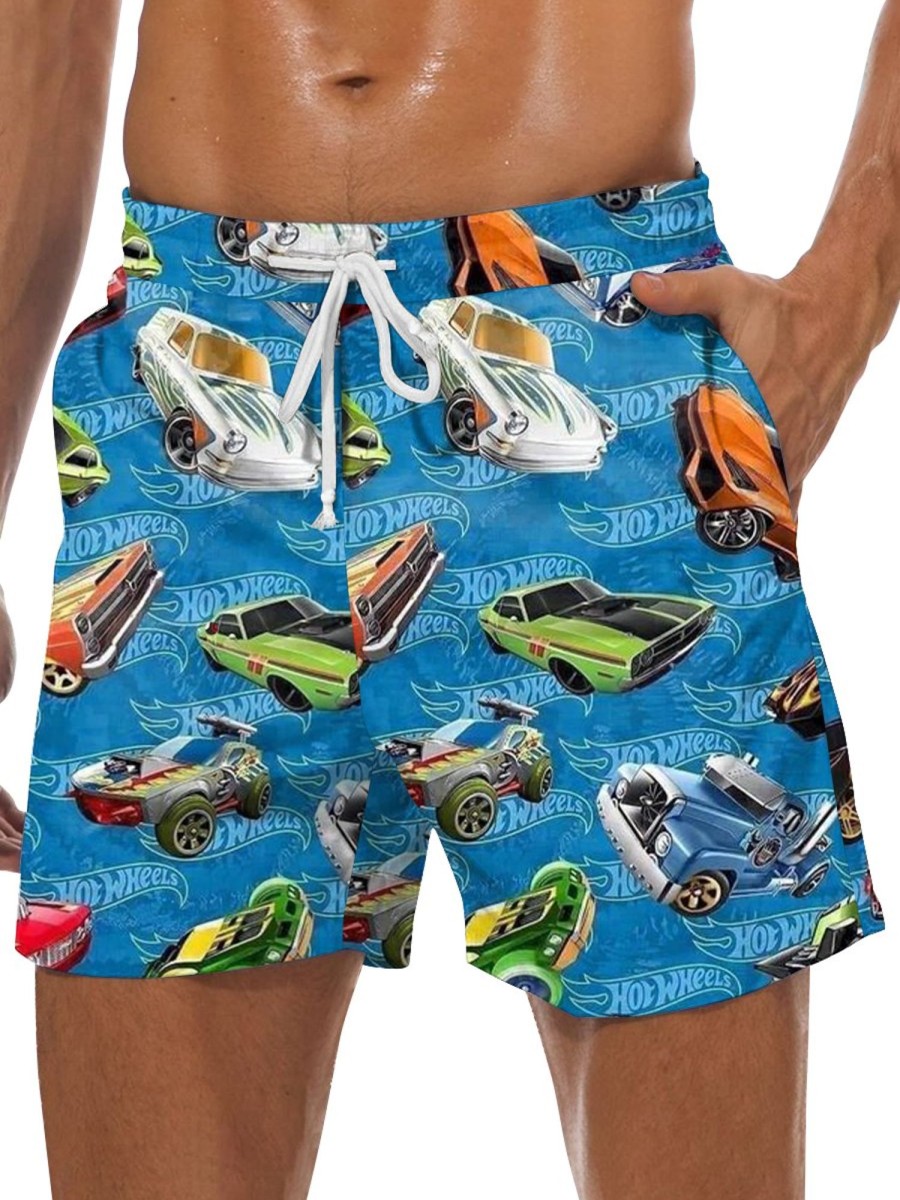 Men GYJ Bottoms | Car Print Hawaiian Track Shorts Blue