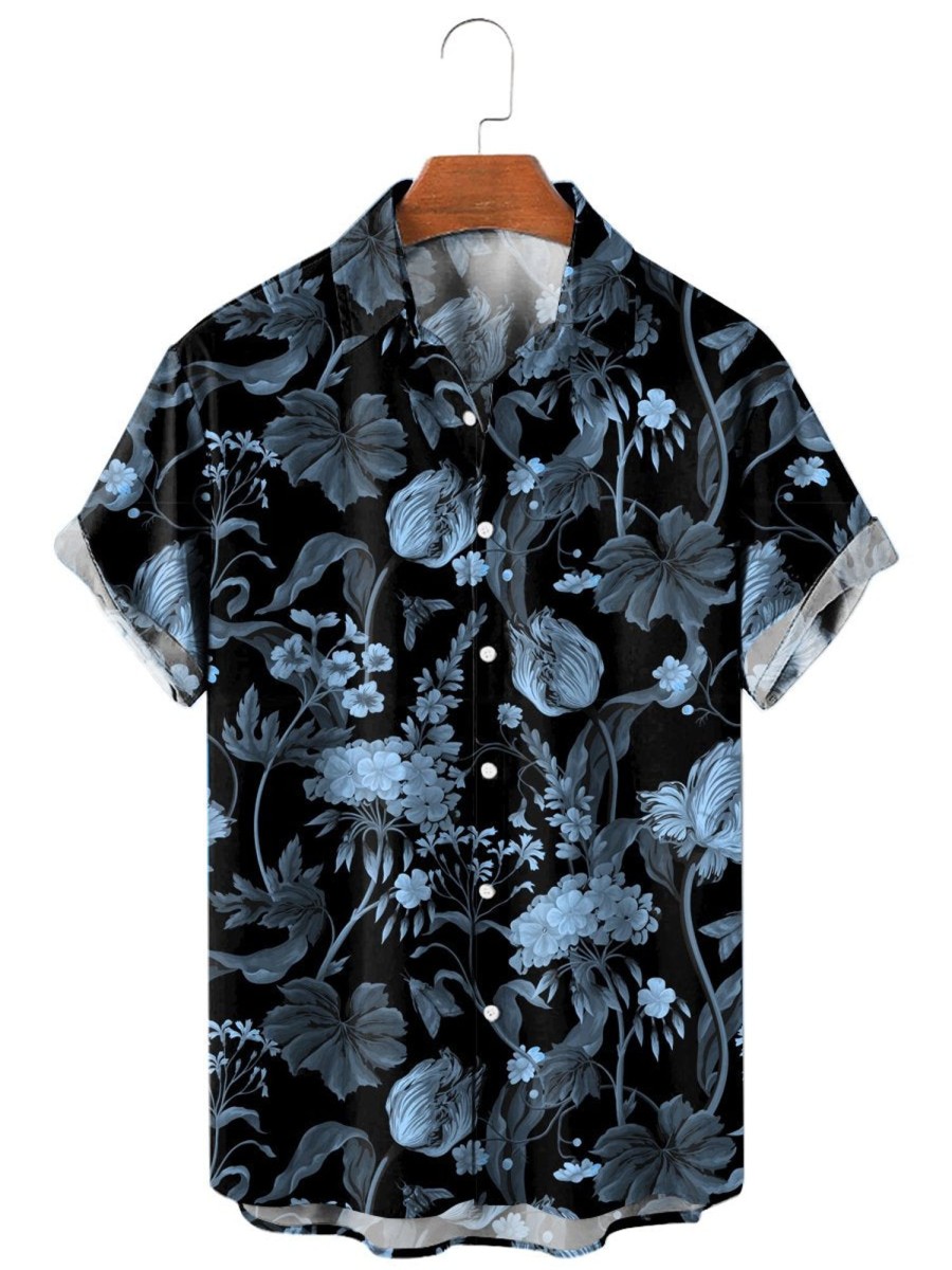 Men HLJ Shirts | Tulip Geranium Print Short Sleeve Shirt Black