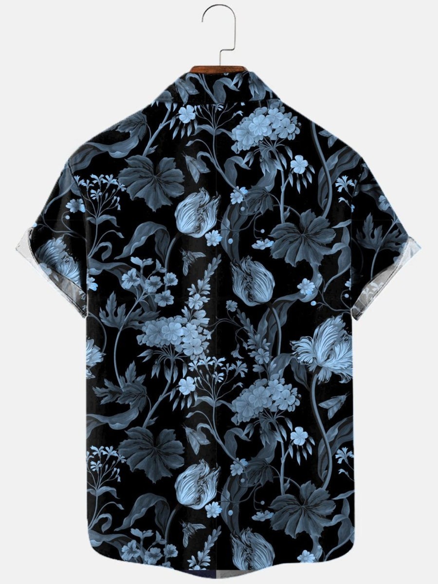 Men HLJ Shirts | Tulip Geranium Print Short Sleeve Shirt Black