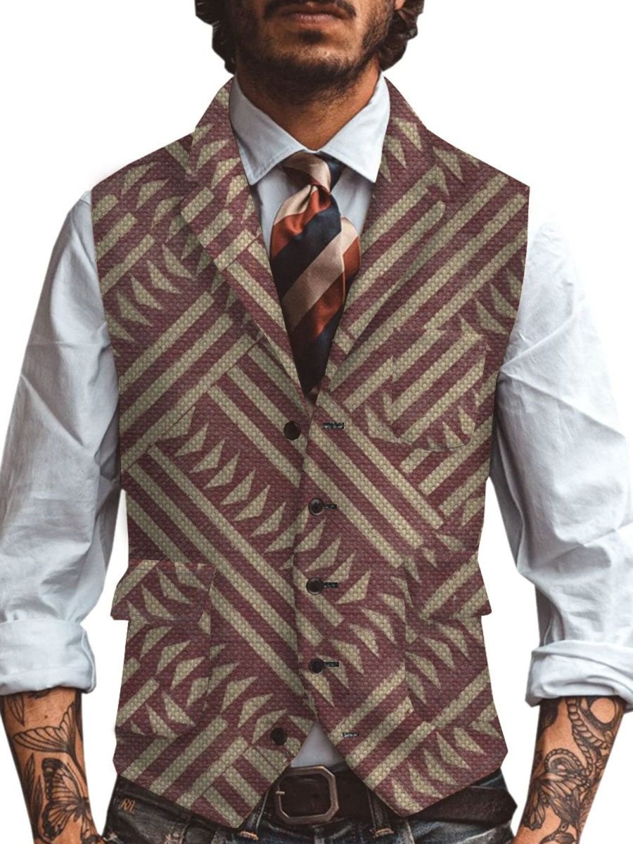 Men DJ Vest | Retro Ethnic Style Geometric Line Printed Three-Pocket Lapel Suit Vest Photo Color