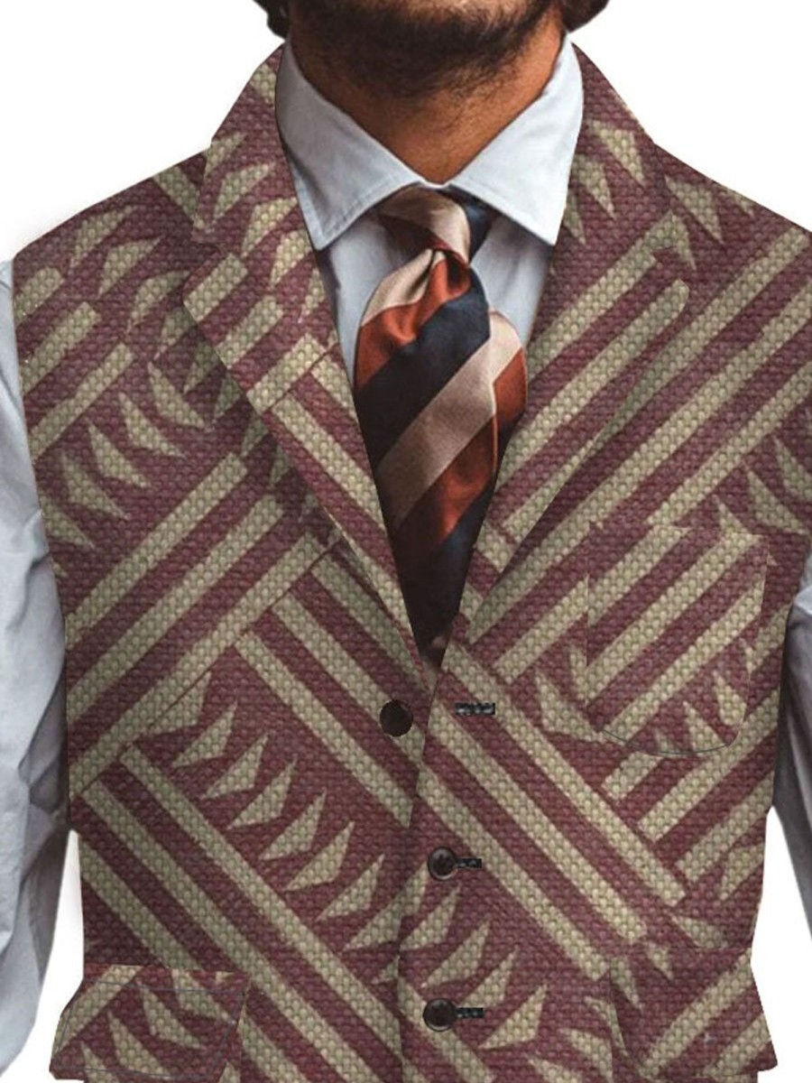 Men DJ Vest | Retro Ethnic Style Geometric Line Printed Three-Pocket Lapel Suit Vest Photo Color