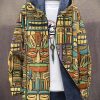 Men LJC Print Jacket | Tiki Mask Print Hooded Two-Pocket Fleece Cardigan Photo Color