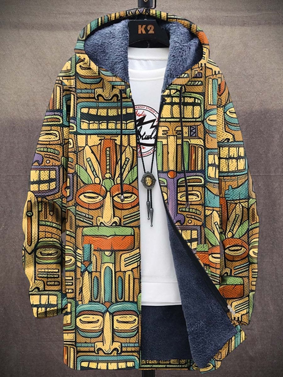 Men LJC Print Jacket | Tiki Mask Print Hooded Two-Pocket Fleece Cardigan Photo Color