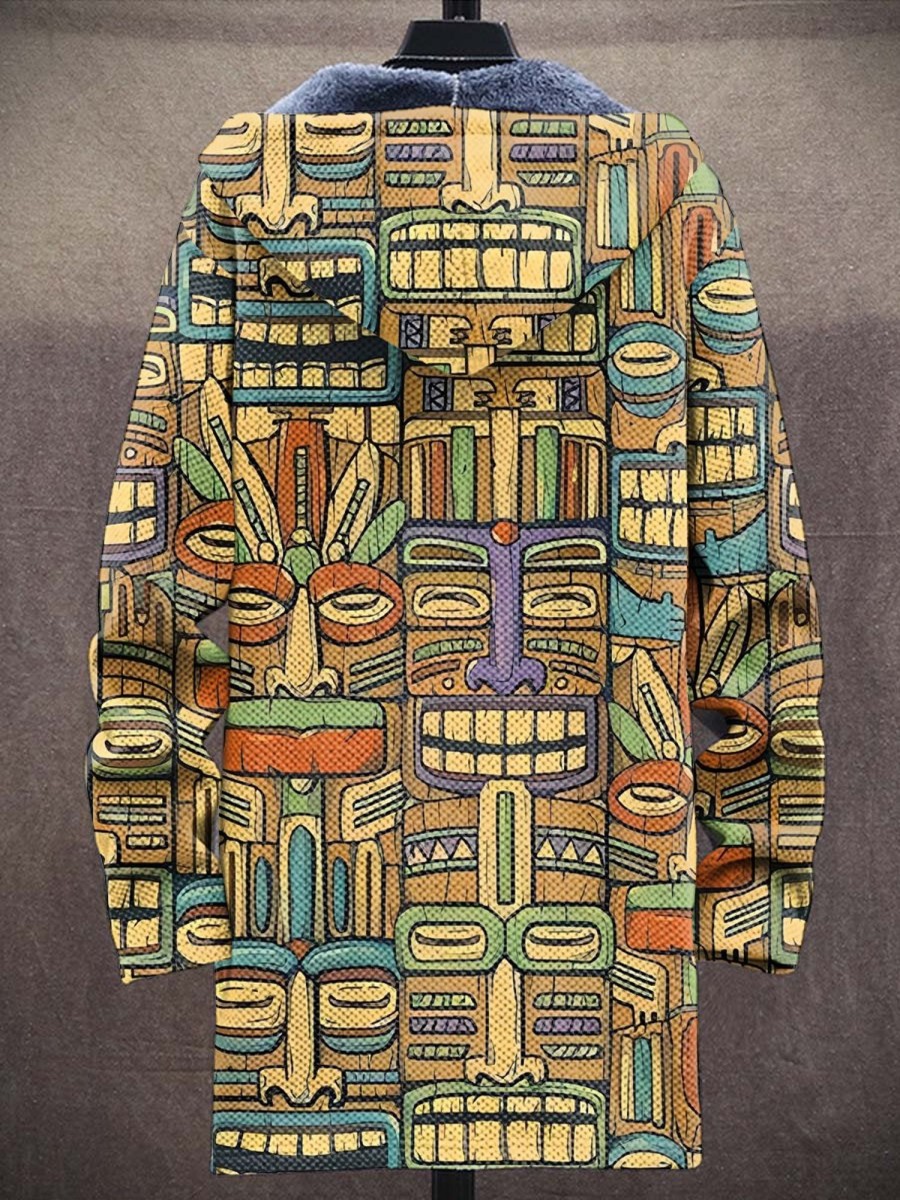 Men LJC Print Jacket | Tiki Mask Print Hooded Two-Pocket Fleece Cardigan Photo Color