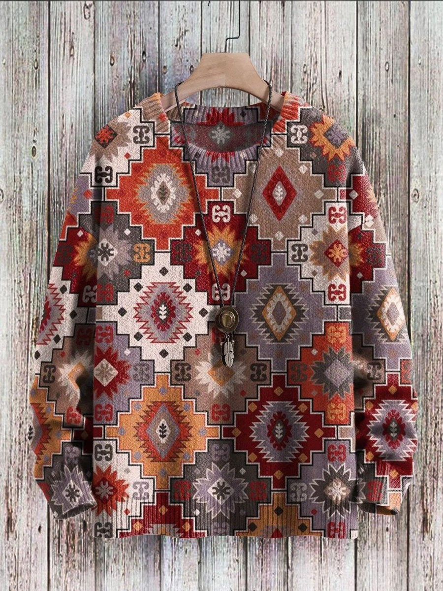 Men DJ Print Sweater | Unisex Vintage Style Pattern Art Print Casual Knit Pullover Sweater Photo Color