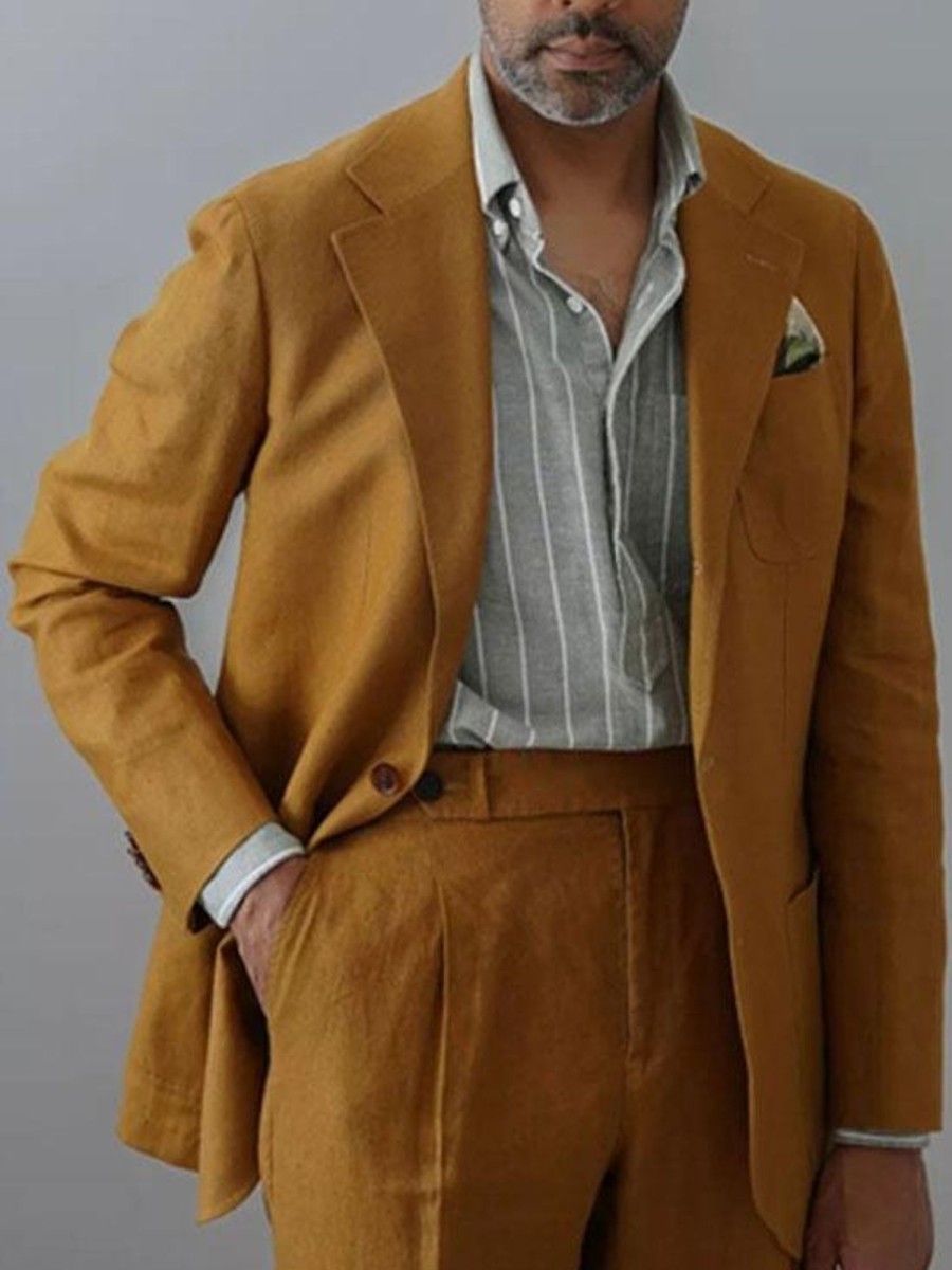 Men BXL Jacket | Men'S Cotton And Linen Pocket Casual Style Blazer Yellow