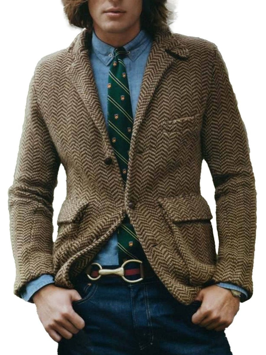 Men DJ Jacket | Vintage Herringbone Lapel 3-Pocket Casual Blazer Khaki