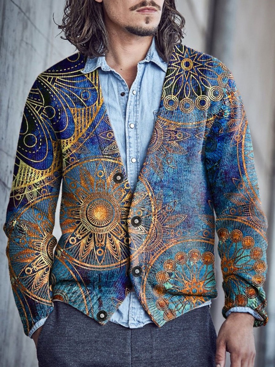 Men BXL Print Cardigan | Men'S Casual Vintage Pellis Single Breasted V-Neck Knitted Cardigan Photo Color