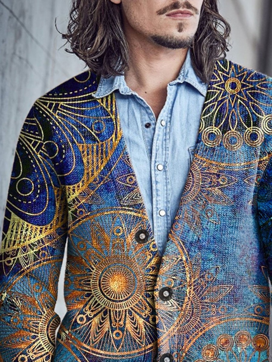 Men BXL Print Cardigan | Men'S Casual Vintage Pellis Single Breasted V-Neck Knitted Cardigan Photo Color