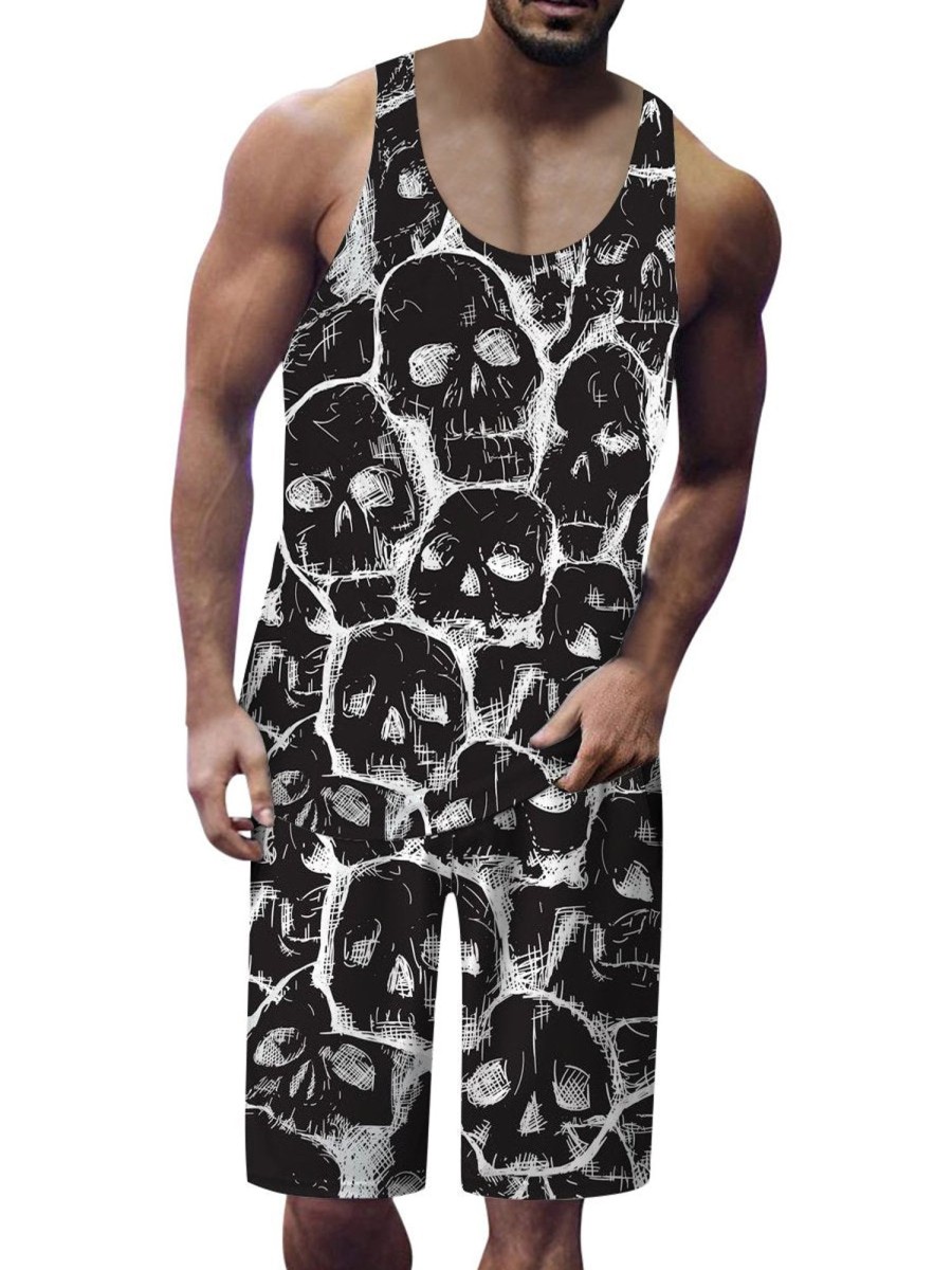 Men GYJ Set | Skull Print Tank Top And Shorts Two-Piece Set Black