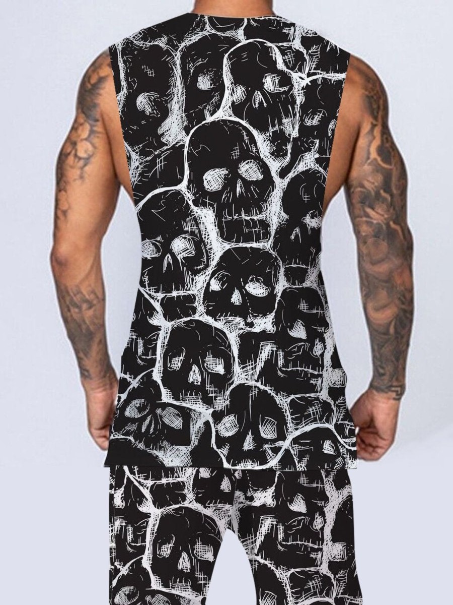 Men GYJ Set | Skull Print Tank Top And Shorts Two-Piece Set Black