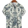 Men DJ Shirts | Men'S Nautical Sea Life Print Casual Short Sleeve Shirt Beige