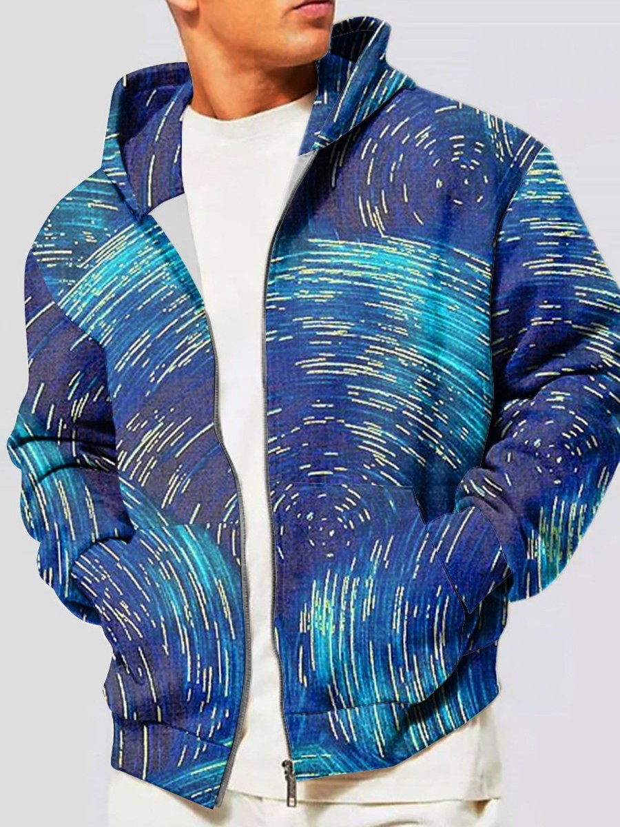 Men DJ T-Shirts | Star Print Pocket Hooded Zip Cardigan Sweatshirt Blue