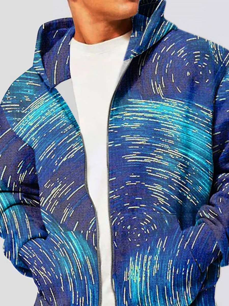 Men DJ T-Shirts | Star Print Pocket Hooded Zip Cardigan Sweatshirt Blue