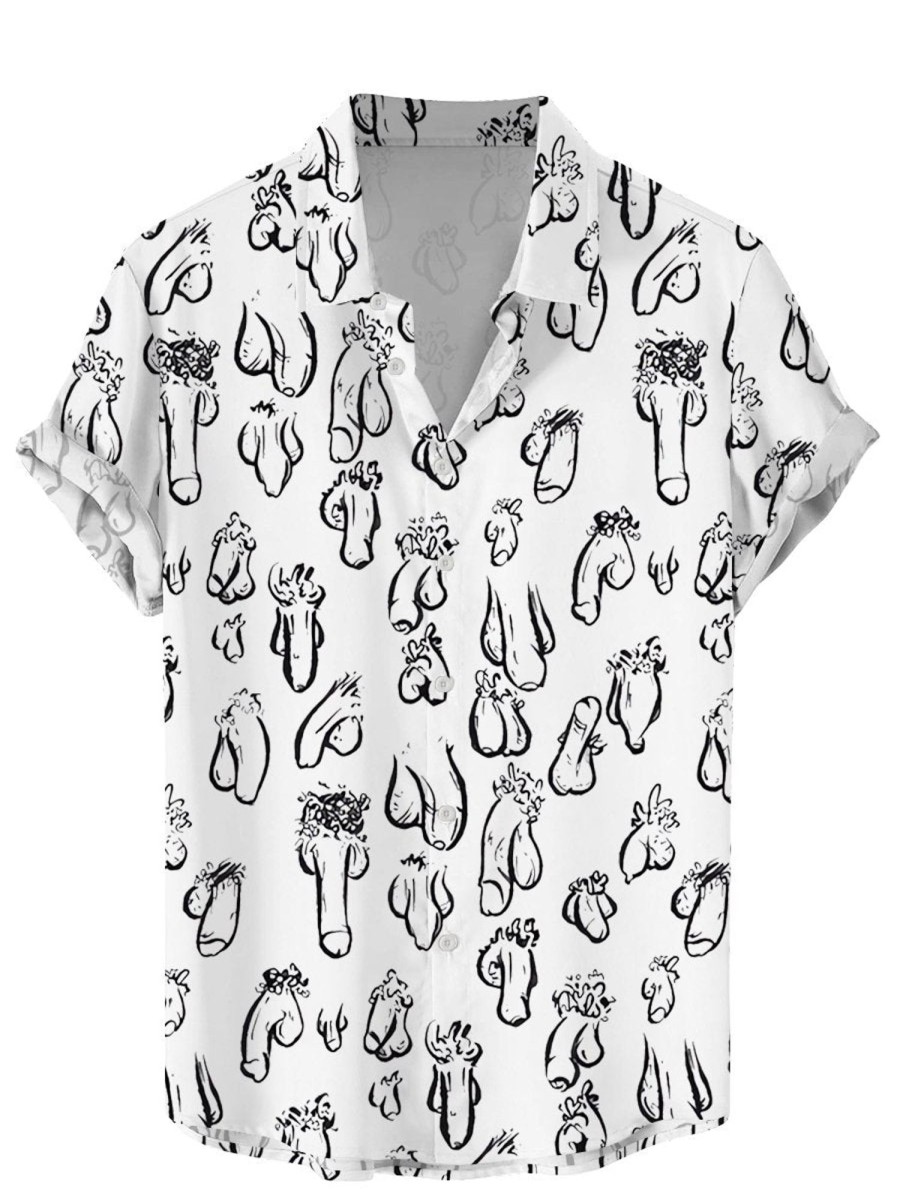 Men DJ Shirts | Black And Cocks Print Casual Short-Sleeved Shirt White