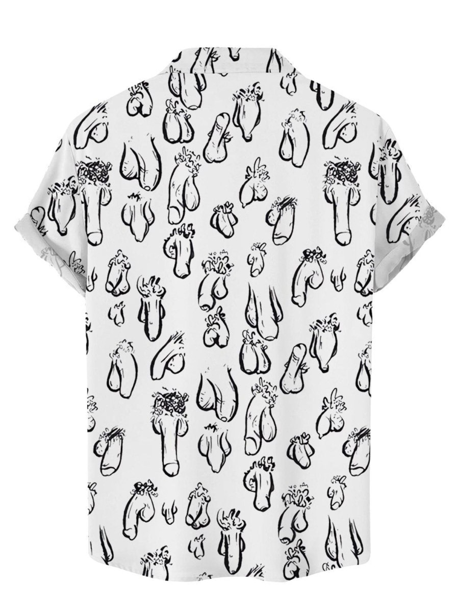 Men DJ Shirts | Black And Cocks Print Casual Short-Sleeved Shirt White