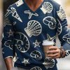 Men DJ Print Sweater | Vintage Marine Shellfish Print V-Neck Knit Pullover Navy