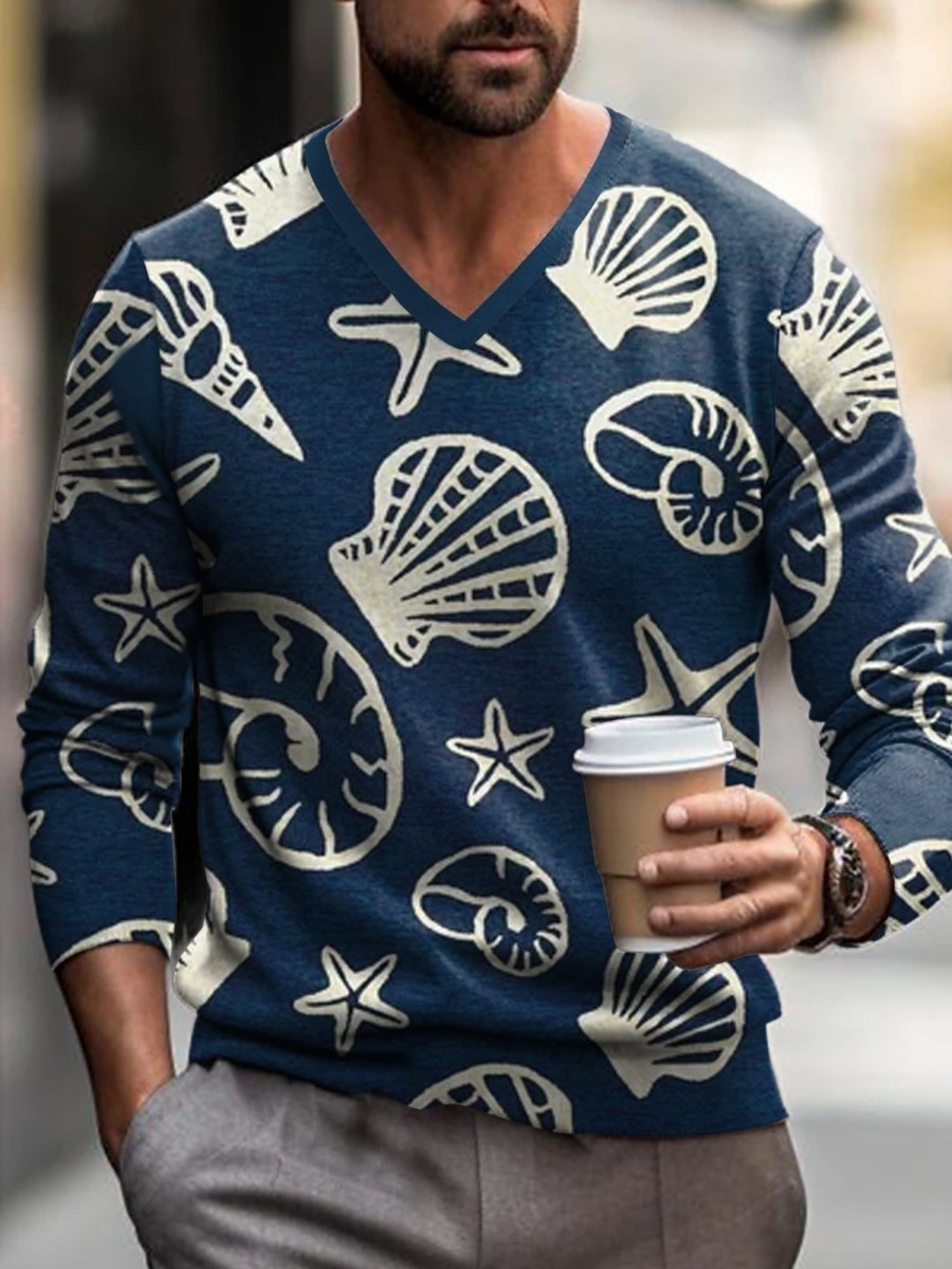 Men DJ Print Sweater | Vintage Marine Shellfish Print V-Neck Knit Pullover Navy