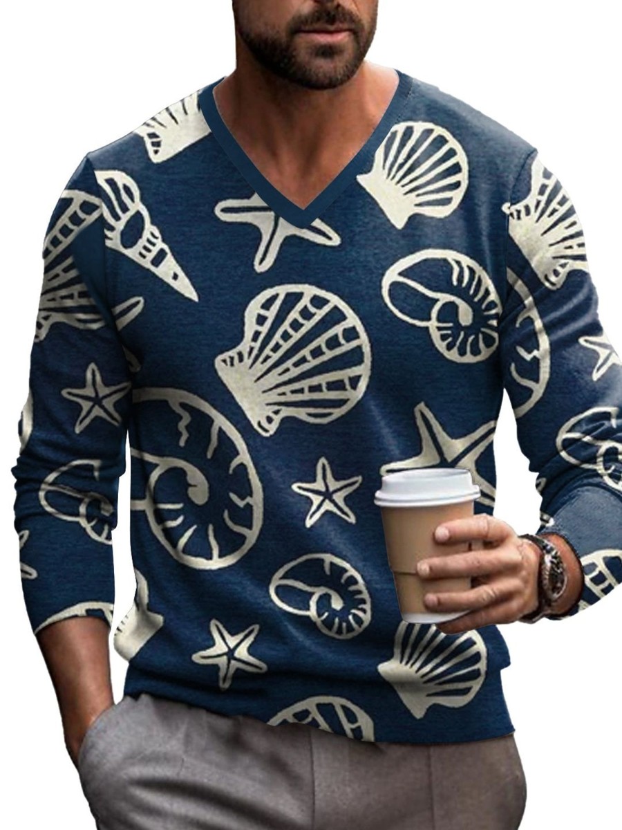 Men DJ Print Sweater | Vintage Marine Shellfish Print V-Neck Knit Pullover Navy