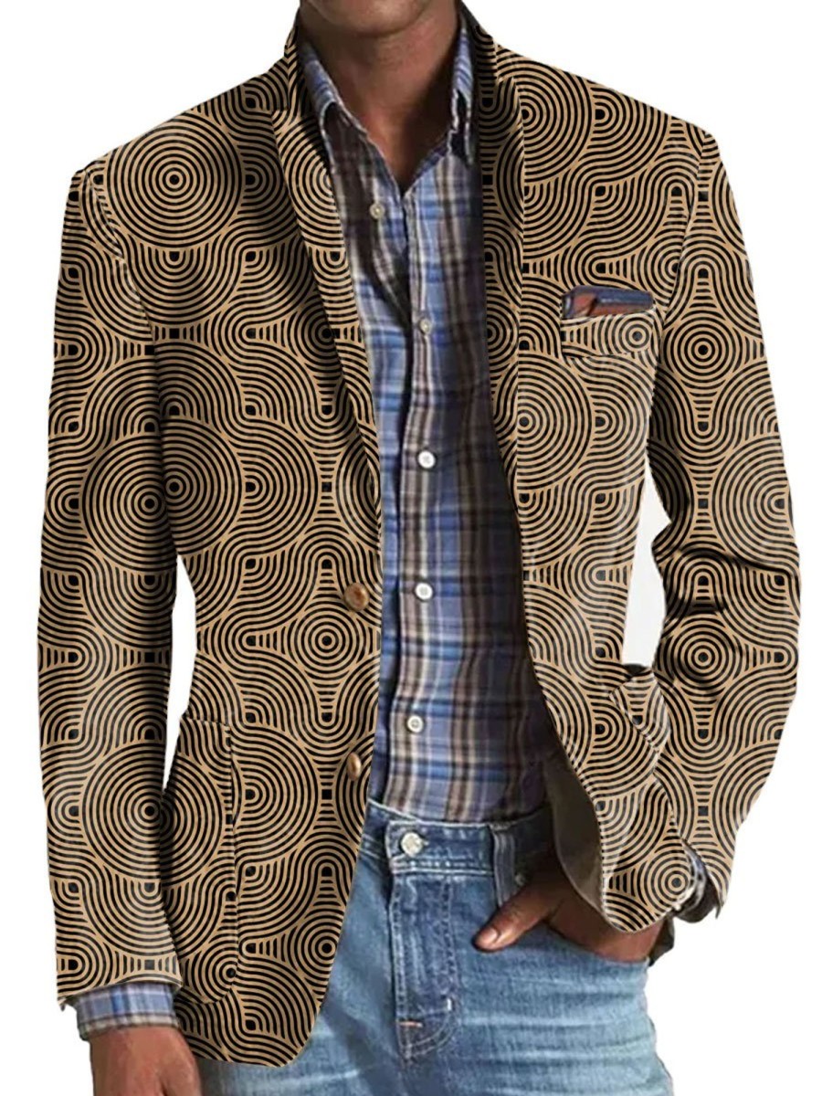 Men TH Print Jacket | Vintage Ripple Print Three-Pocket Lapel Casual Blazer Brown